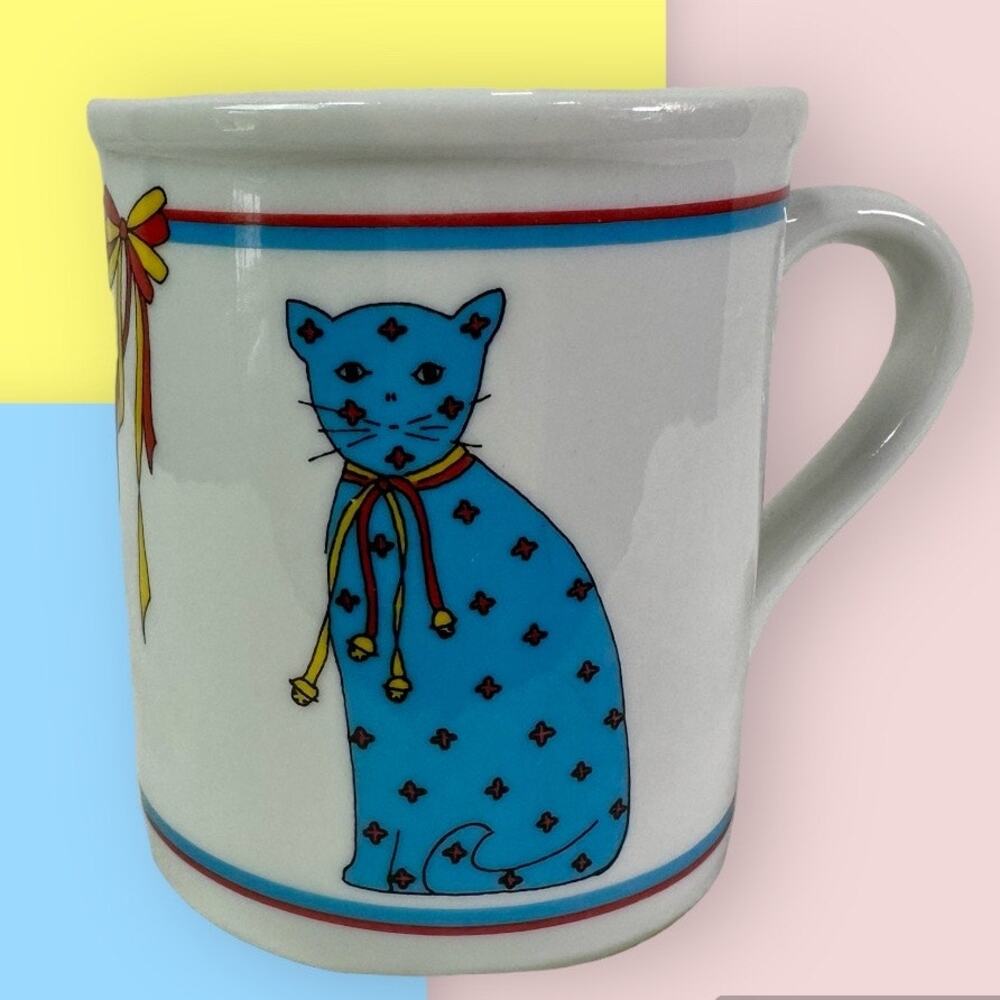 Carolyn Lary Papel Made in Japan Blue Cat White 8 Ounce Ceramic Coffee Mug Cup